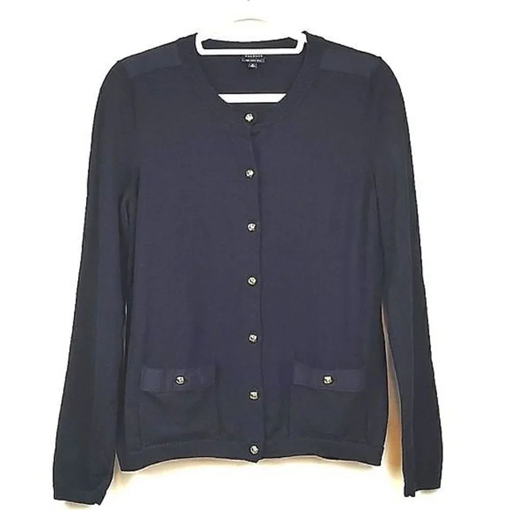 Talbot's Merino Wool Black Long Sleeve Cardigan with Gold Knot Buttons Size M